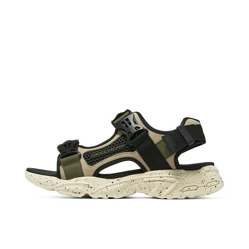 推荐商品：Skechers/斯凯奇 凉鞋 防滑耐磨轻便透气缓震软底潮流百搭轻质机甲复古高回弹时尚魔术贴 灰褐色/黑色