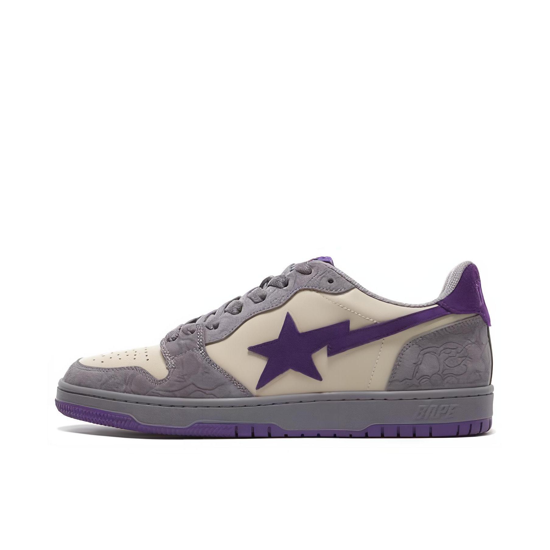 推荐商品：Bape Sta 板鞋 拼接舒适皮革防滑耐磨系带圆头时尚简约复古百搭牛皮压纹平跟徽标星星图案 紫色