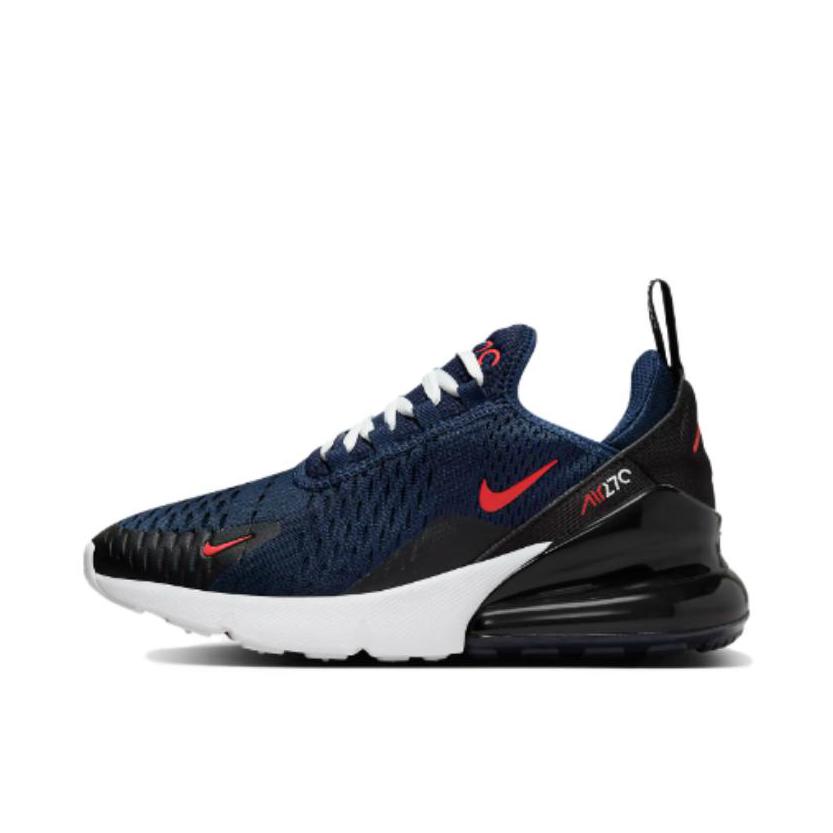 推荐商品：Nike Air Max 270 气垫缓震 轻便透气 耐磨 时尚复古 舒适百搭 防滑 支撑 防水 织物 跑鞋 女款/蓝色/黑色