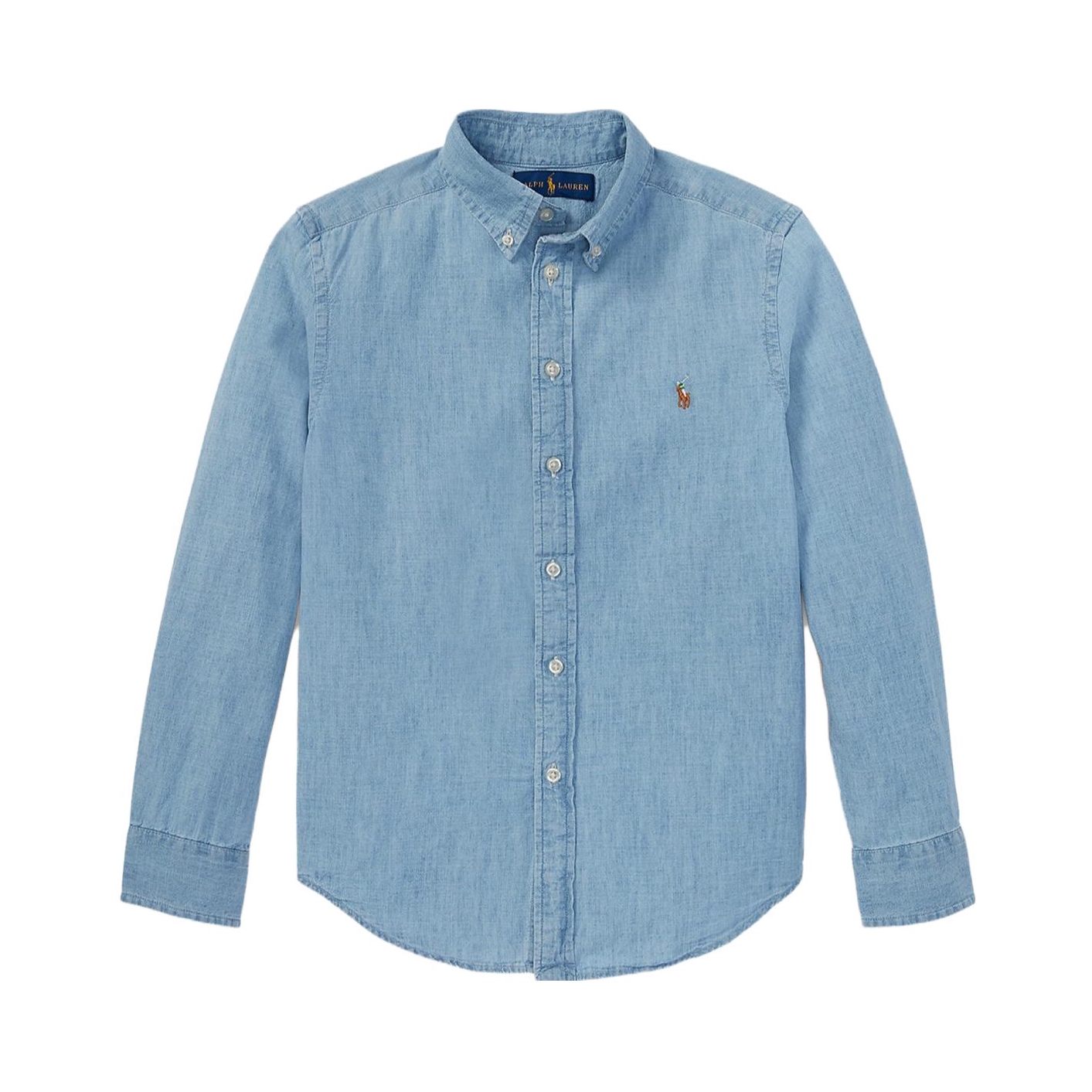 推荐商品：【库里同款】Ralph Lauren/拉夫劳伦童装 纯色单排扣翻领长袖衬衫 男中大童 323703283-001 蓝
