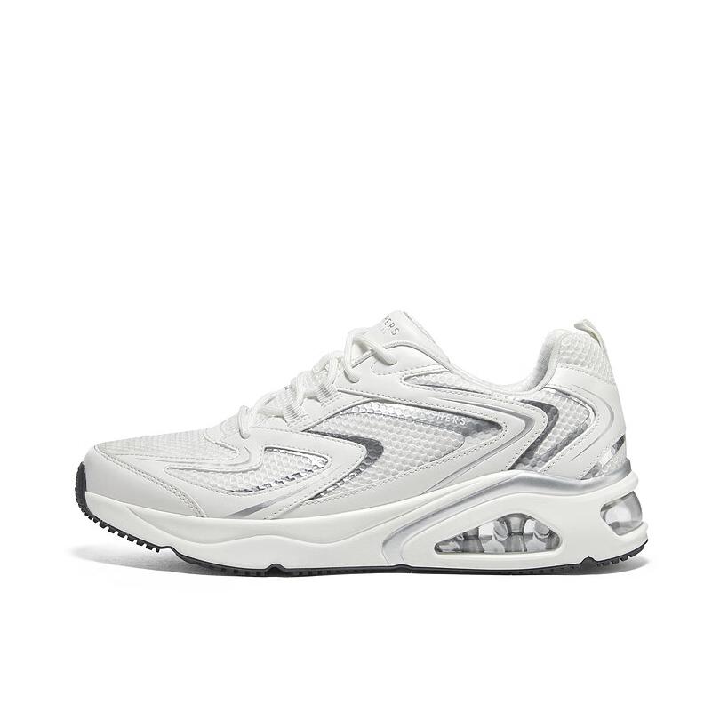 推荐商品：【成毅同款】 Skechers/斯凯奇 Street Tres-Air Uno 运动休闲鞋 减震网布透气防滑耐磨舒适百搭软底绑带织物增高拼接 白色