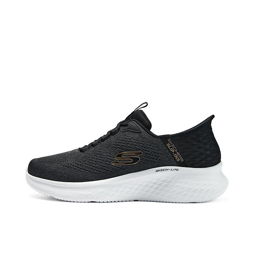 推荐商品：Skechers/斯凯奇 Slip Ins系列 闪穿科技 防滑耐磨 缓震网面 透气绑带 舒适百搭 一脚蹬 运动休闲鞋 150012 黑色/灰色