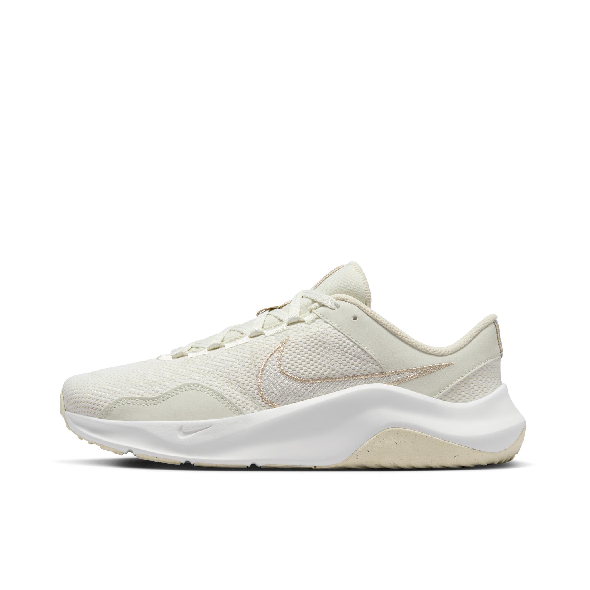 推荐商品：Nike Legend Essential 3 舒适减震 防滑耐磨 轻便透气 复古百搭 休闲鞋 山峰白/金属耀眼金/浅柠檬黄