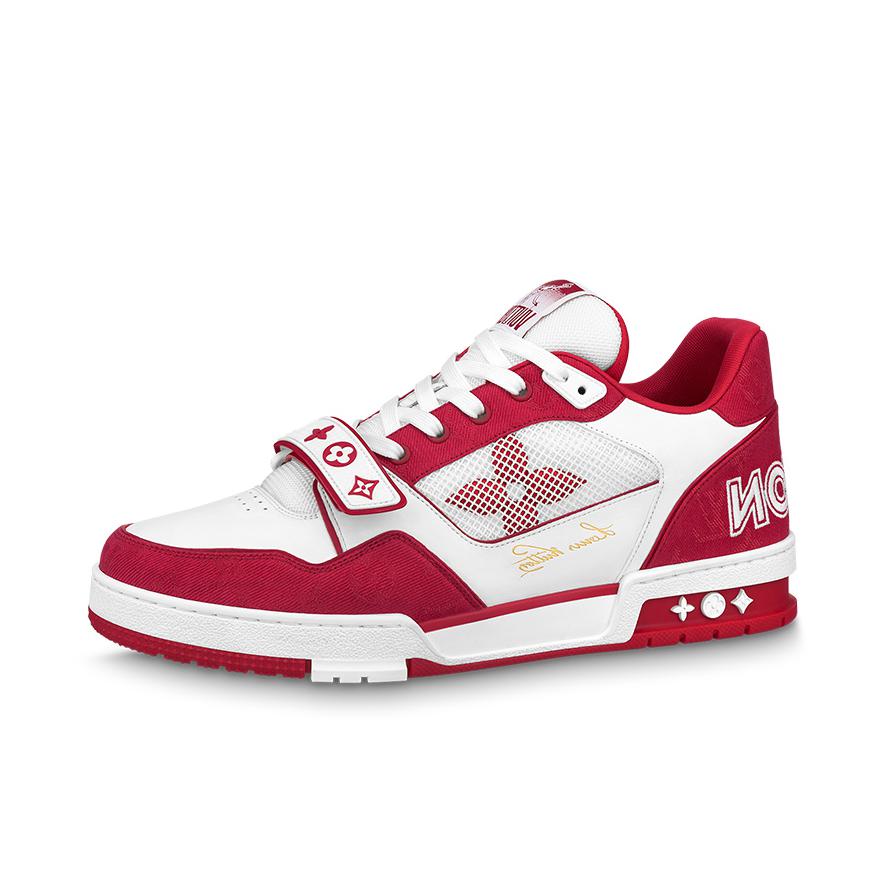 推荐商品：Louis Vuitton trainer 百搭复古 轻便平跟 花朵图案 牛仔布 板鞋 车厘子红