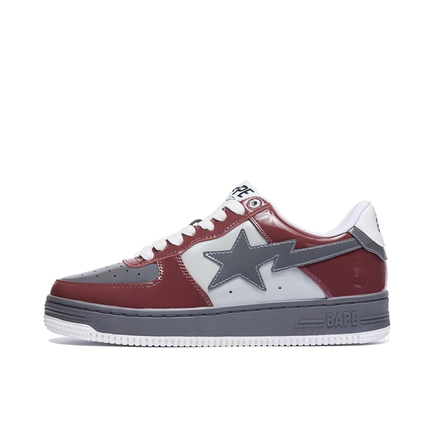 推荐商品：Bape Sta 板鞋 拼接舒适皮革防滑耐磨系带圆头时尚简约复古百搭牛皮压纹平跟徽标星星图案 白灰红