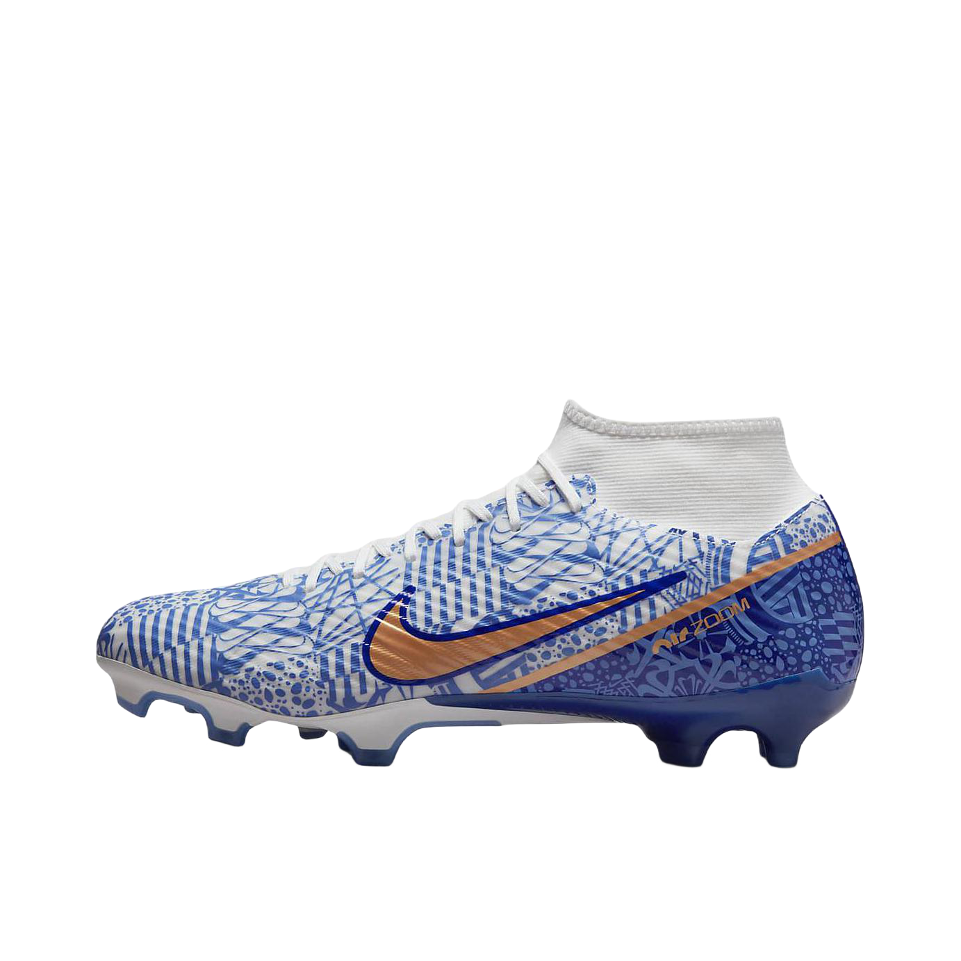 推荐商品：Nike Zoom Mercurial Superfly 9 Academy FG/MG 中端 胶质混钉 多场地 织物圆头缓震支撑 足球鞋 蓝白