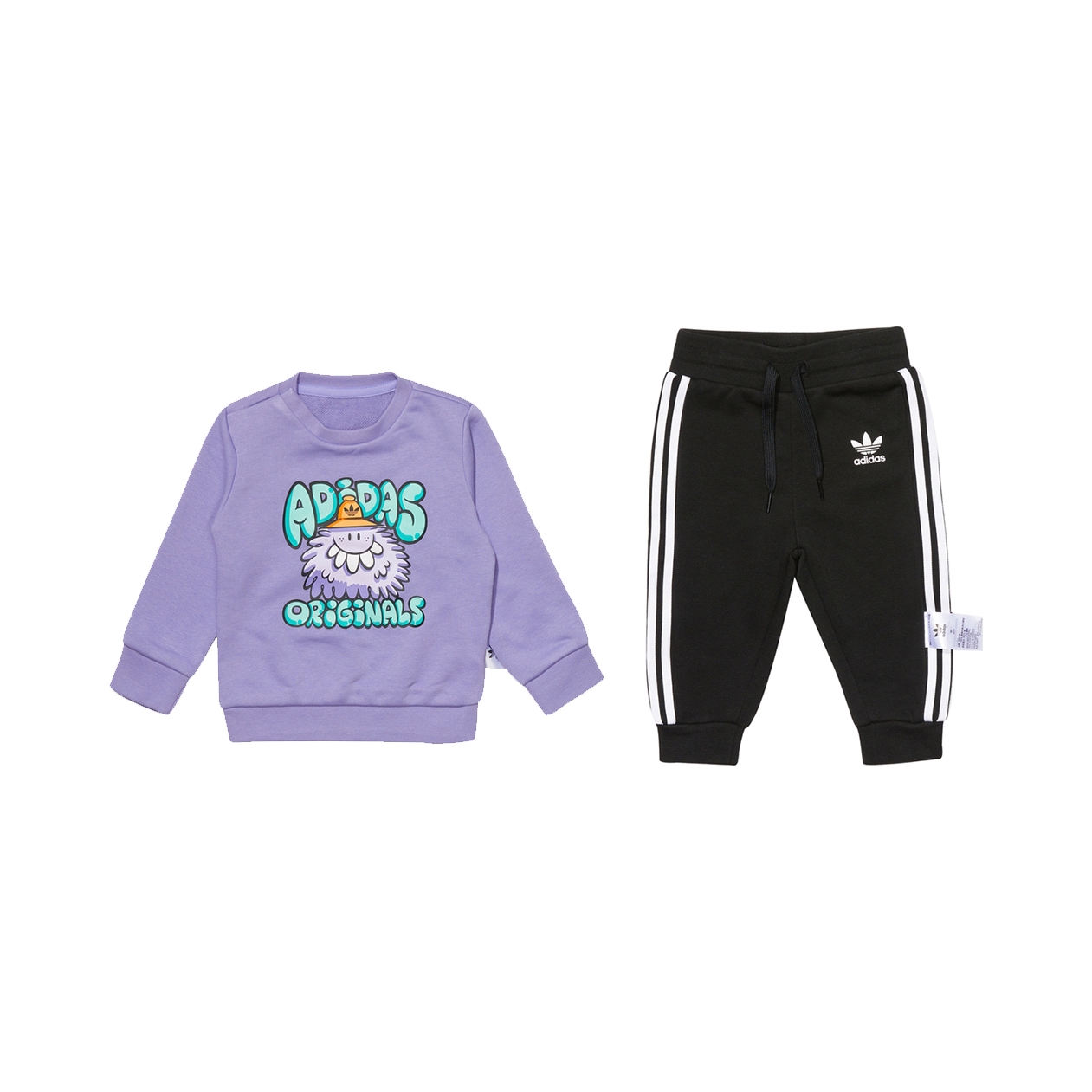 推荐商品：adidas Originals童装 卡通圆领套头束脚抽绳休闲套装 男中童 H22620 上装紫+下装黑