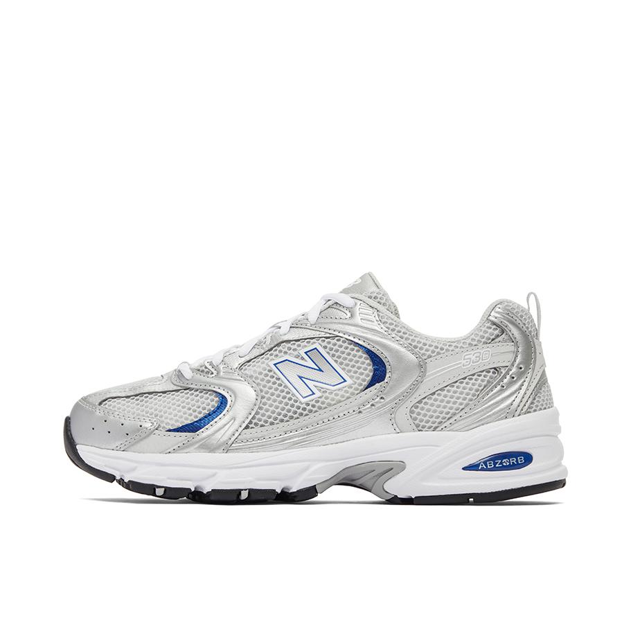 推荐商品：New Balance MR530 跑鞋 圆头经典拼接复古缓震防滑耐磨网面透气支撑 浅灰色/银色/蓝色