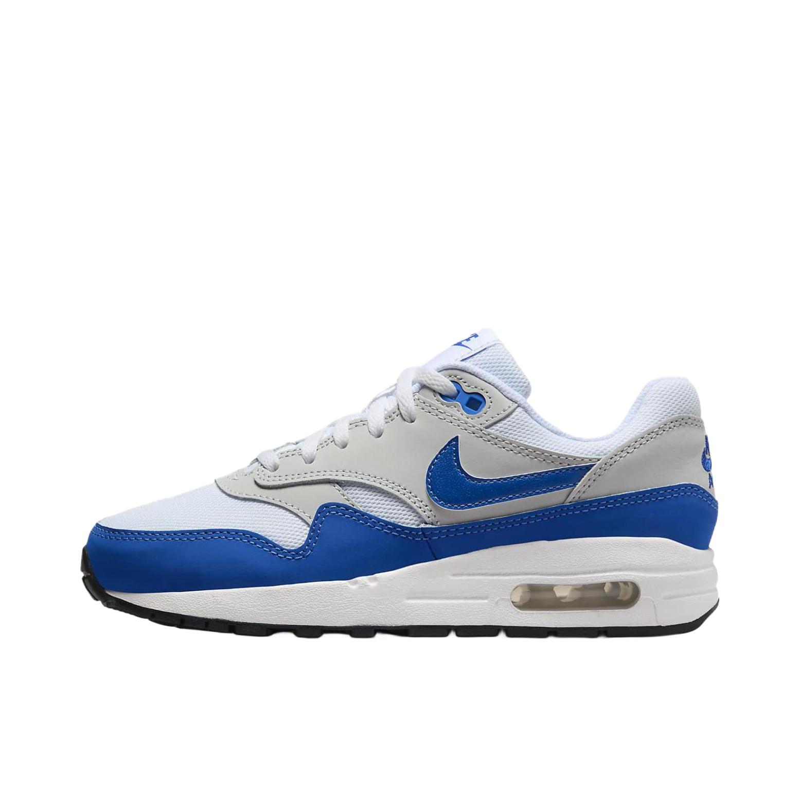 推荐商品：Nike Air Max 1 跑鞋 气垫缓震透气轻便复古运动舒适百搭潮流耐磨低帮训练防滑冬季支撑马拉松防水抓地圆头耐穿 GS/浅灰/游戏宝蓝