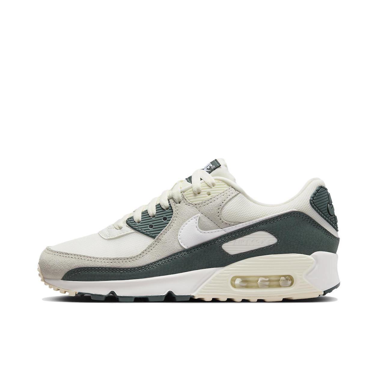 推荐商品：Nike Air Max 90 跑鞋 气垫合成革缓震透气复古增高圆头贴合拼接 米灰/绿色