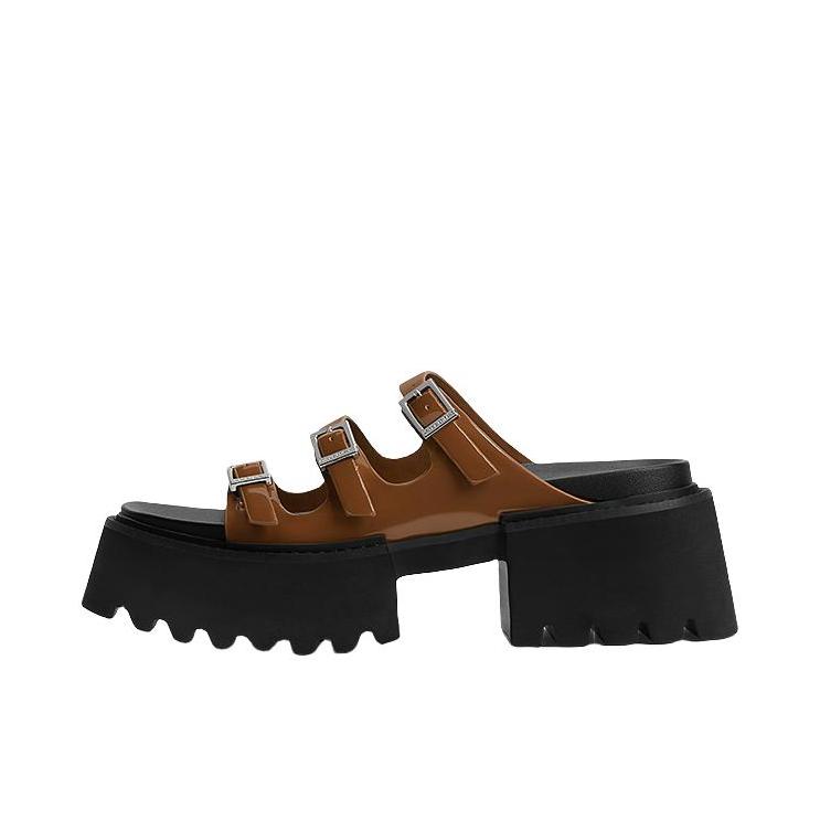 推荐商品：CHARLES&KEITH 厚底 外穿 露趾 粗跟 拖鞋 CK1-70381017 白兰地色