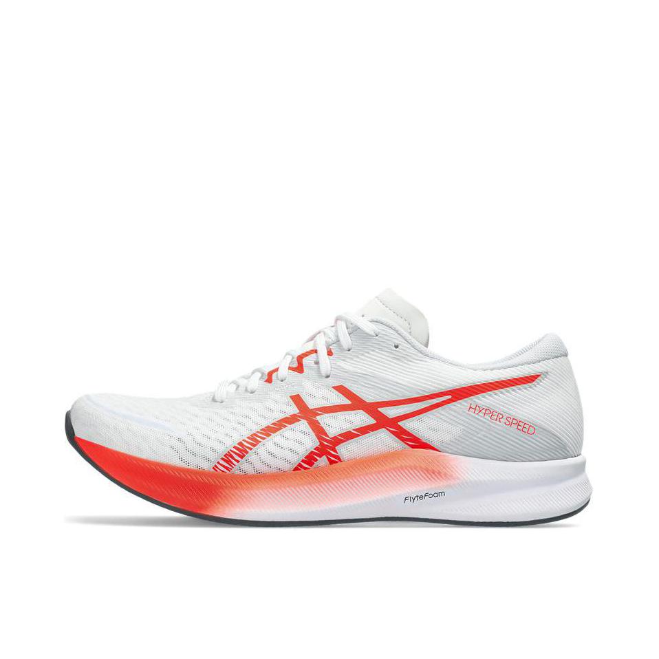 推荐商品：Asics/亚瑟士 Hyper Speed 3 跑鞋 轻量FLYTEFOAM科技圆头缓震回弹防滑耐磨织物碳板竞速 男款/白色/橙色