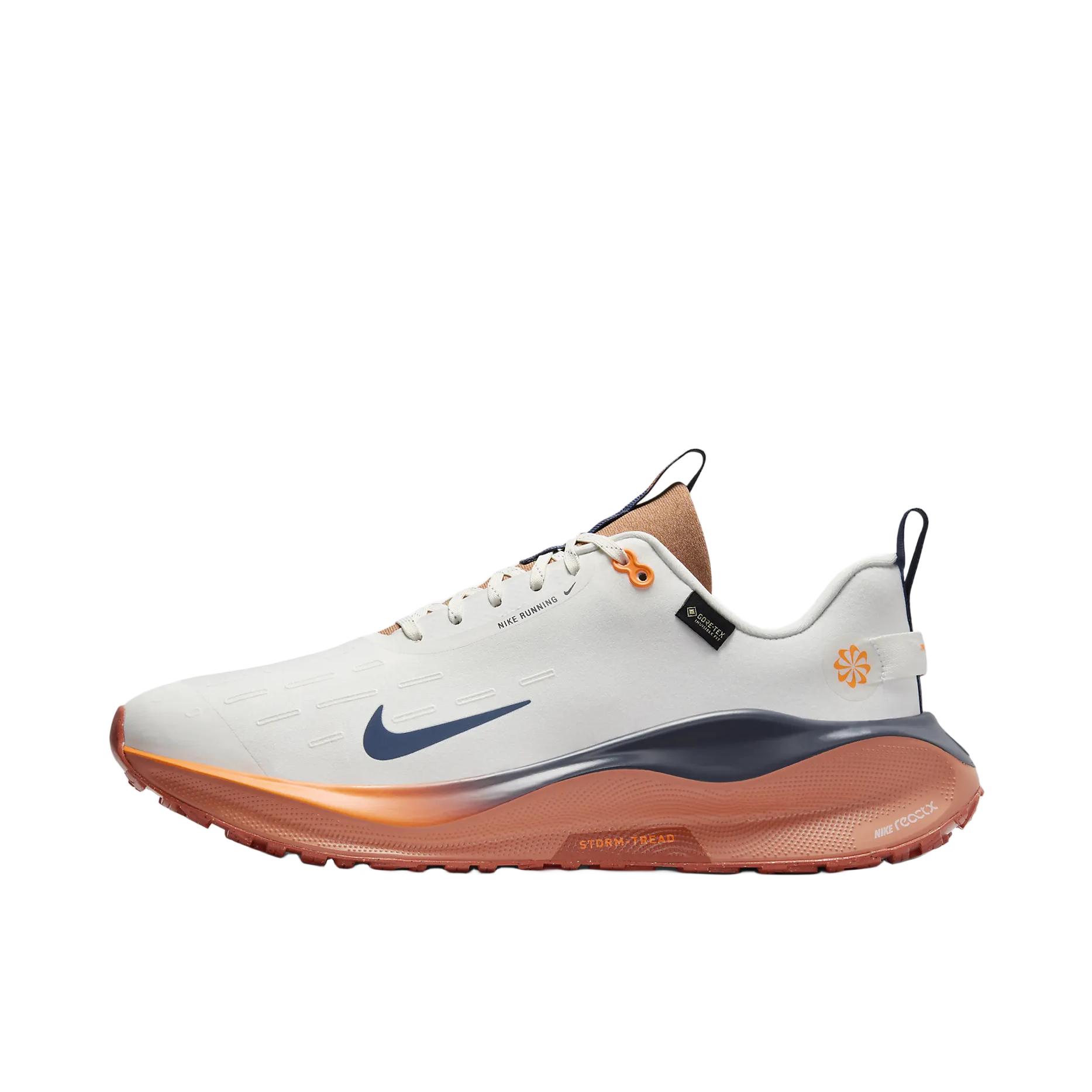 推荐商品：Nike React Infinity Run 4 跑鞋 公路舒适缓震防滑耐磨防水织物训练飞织抓地包裹性 GORE-TEX/帆白/闪电蓝