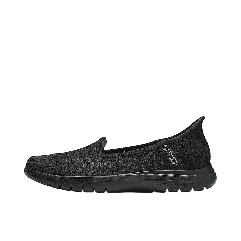 推荐商品：Skechers/斯凯奇 slip ins系列 舒适耐磨 闪穿浅口 网布透气 一脚蹬 蕾丝 简约 平底 运动休闲鞋 138188 女款/全黑色