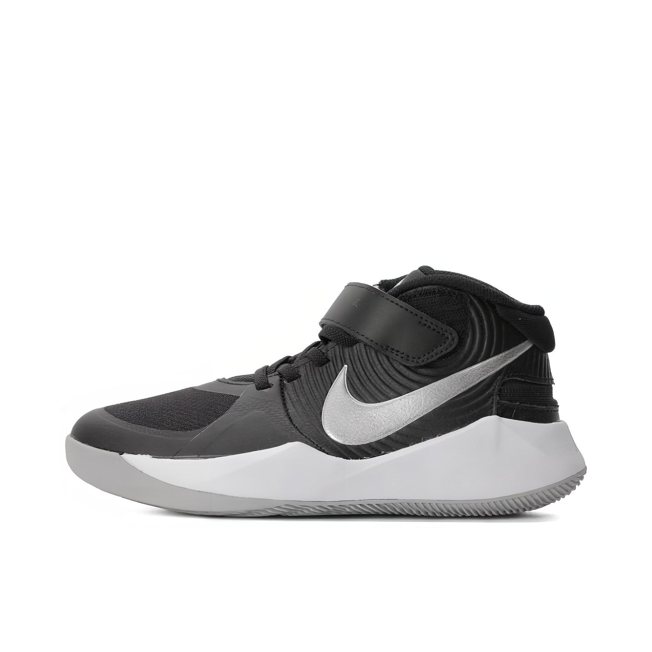 推荐商品：Nike Team Hustle D 9 防滑 耐磨 实战 魔术贴 运动 织物 合成革 篮球鞋 Black/White/Silver GS/黑色/白色/银色
