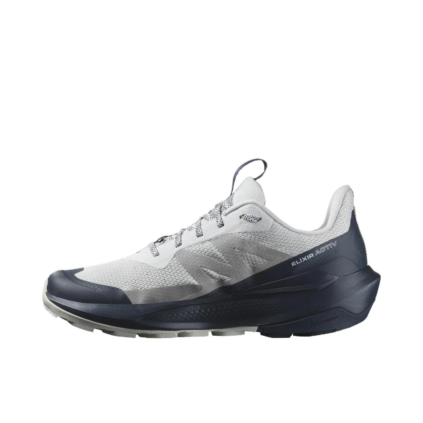 推荐商品：Salomon/萨洛蒙 Elixir ACTIV GTX 户外休闲鞋 织物支撑缓震防水透气防滑耐磨舒适百搭系带长距离徒步 米色/蓝色