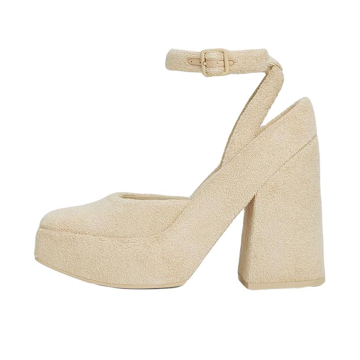 推荐商品：CHARLES&KEITH 绒布 腕带 方头 防水台 高跟鞋 CK1-60280425 米色