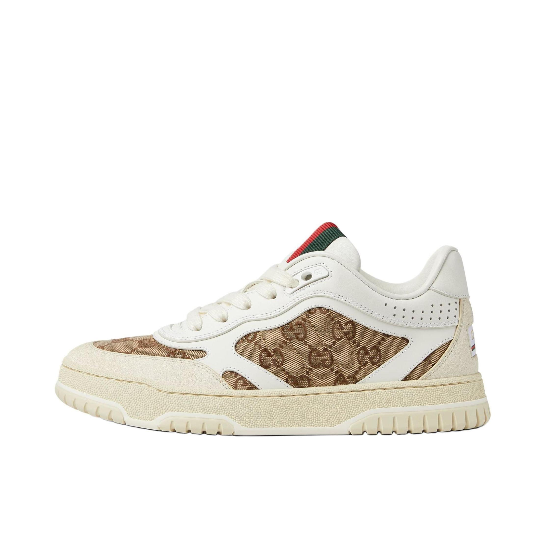 推荐商品：Gucci Re-Web 板鞋 皮革低帮拼接舒适轻便运动粒面纹理圆头 女款/白色/棕色