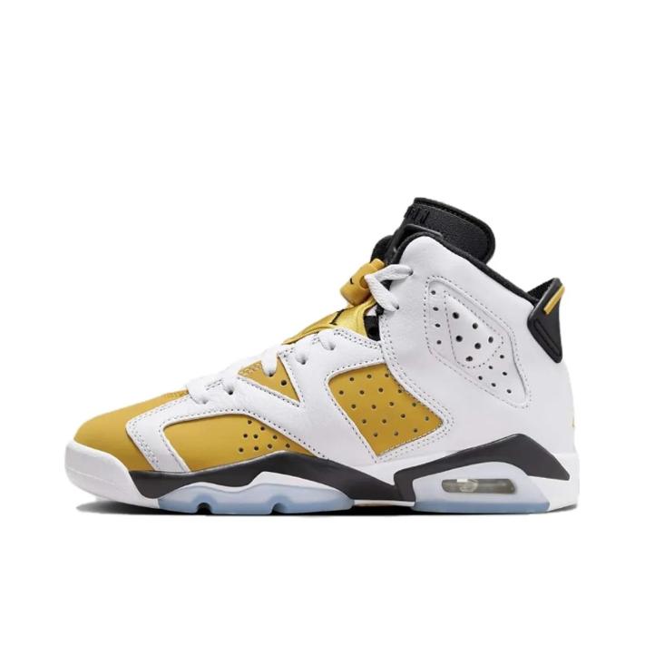 推荐商品：Air Jordan 6 运动休闲鞋 复古耐磨防滑缓震支撑合成革 GS/白色/赭黄/黑色