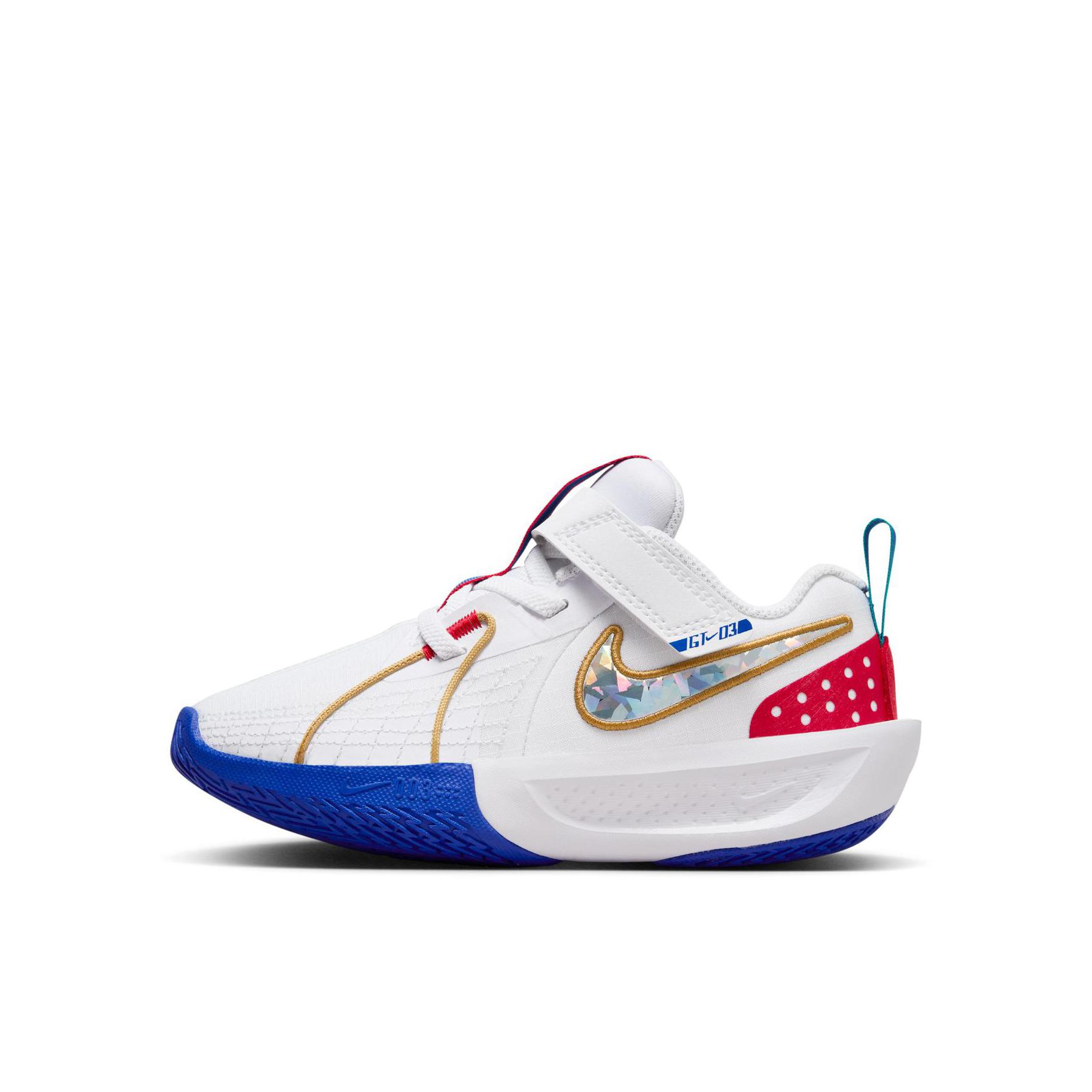 推荐商品：Nike Air Zoom G.T.CUT 3 魔术贴 防滑耐磨 舒适减震 易穿脱 儿童篮球鞋 透气 小童/白色/宝蓝色