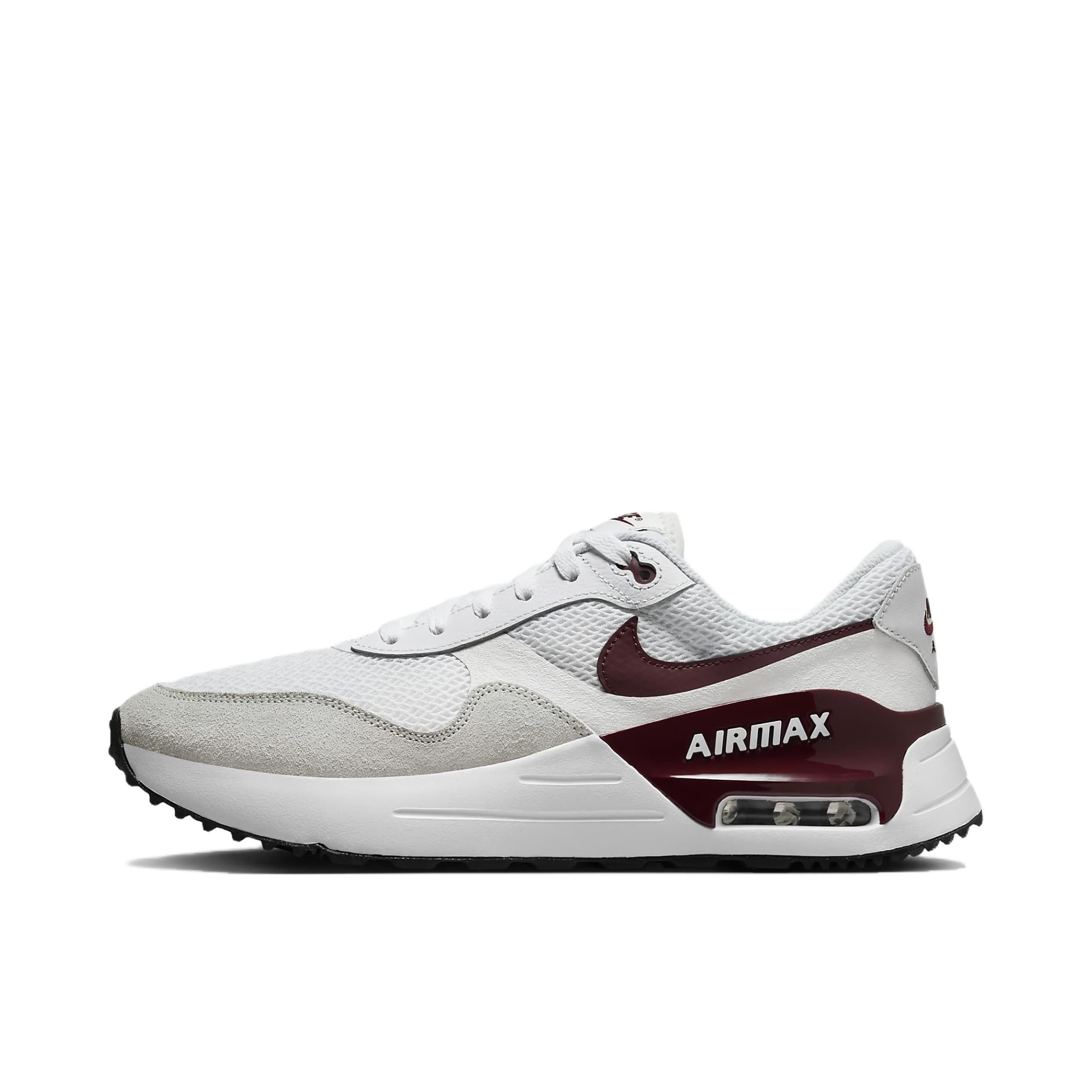推荐商品：Nike Air Max Systm 气垫 网面透气 防滑耐磨 减震轻便 复古 织物 跑鞋 白色/深红色  