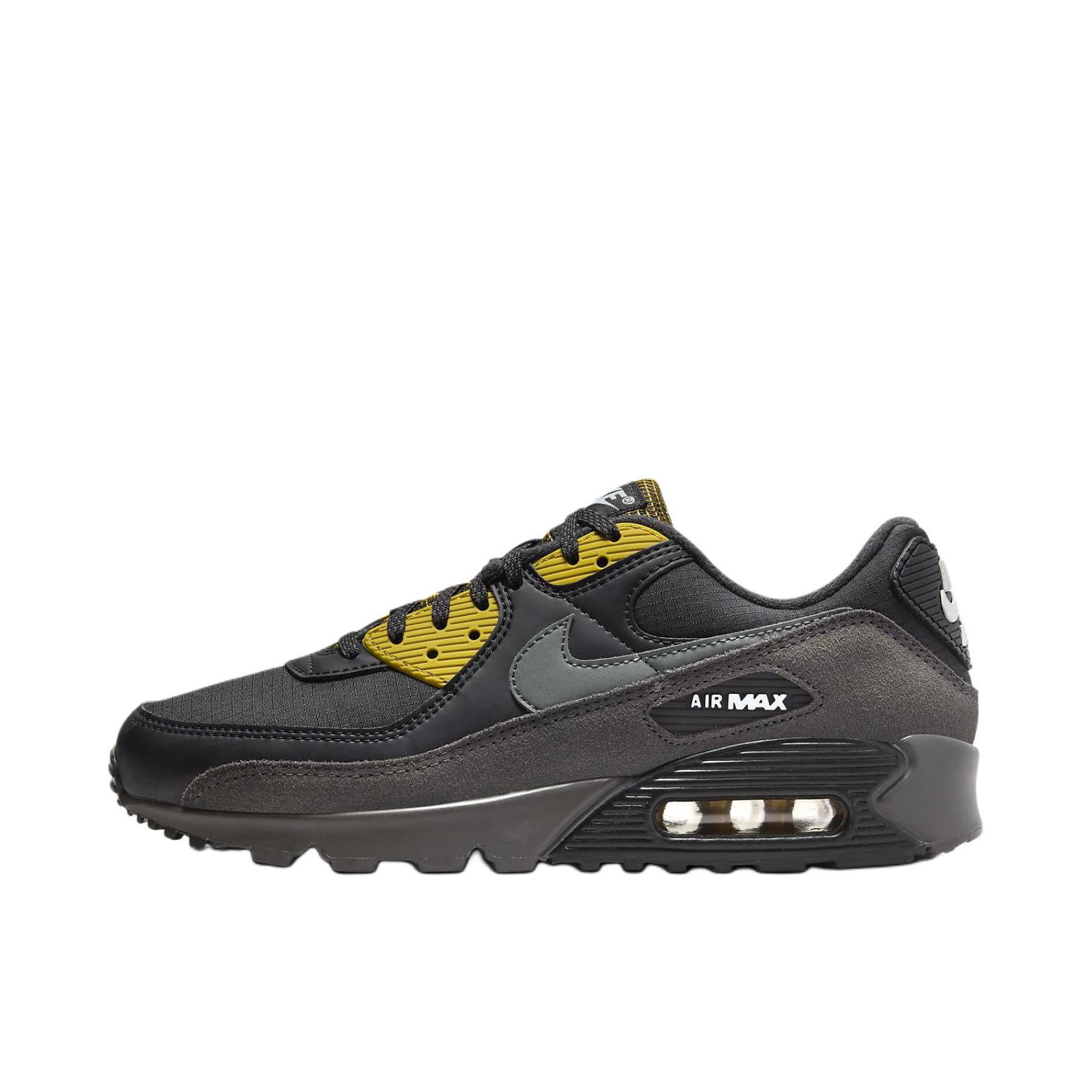 推荐商品：Nike Air Max 90 跑鞋 气垫合成革缓震透气复古增高圆头贴合拼接 灰色/黄色/灰色