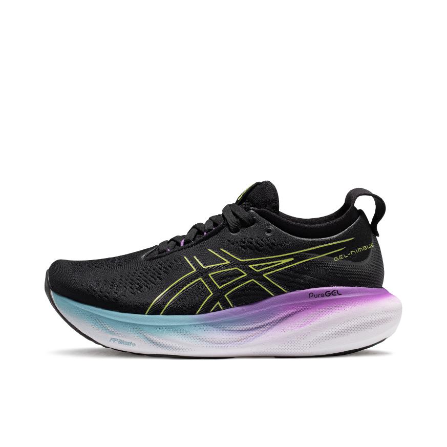 推荐商品：Asics/亚瑟士 Gel-Nimbus 25 跑鞋 稳定支撑缓震回弹舒适透气防滑耐磨防水织物轻量 女款/黑色/黄色/紫色