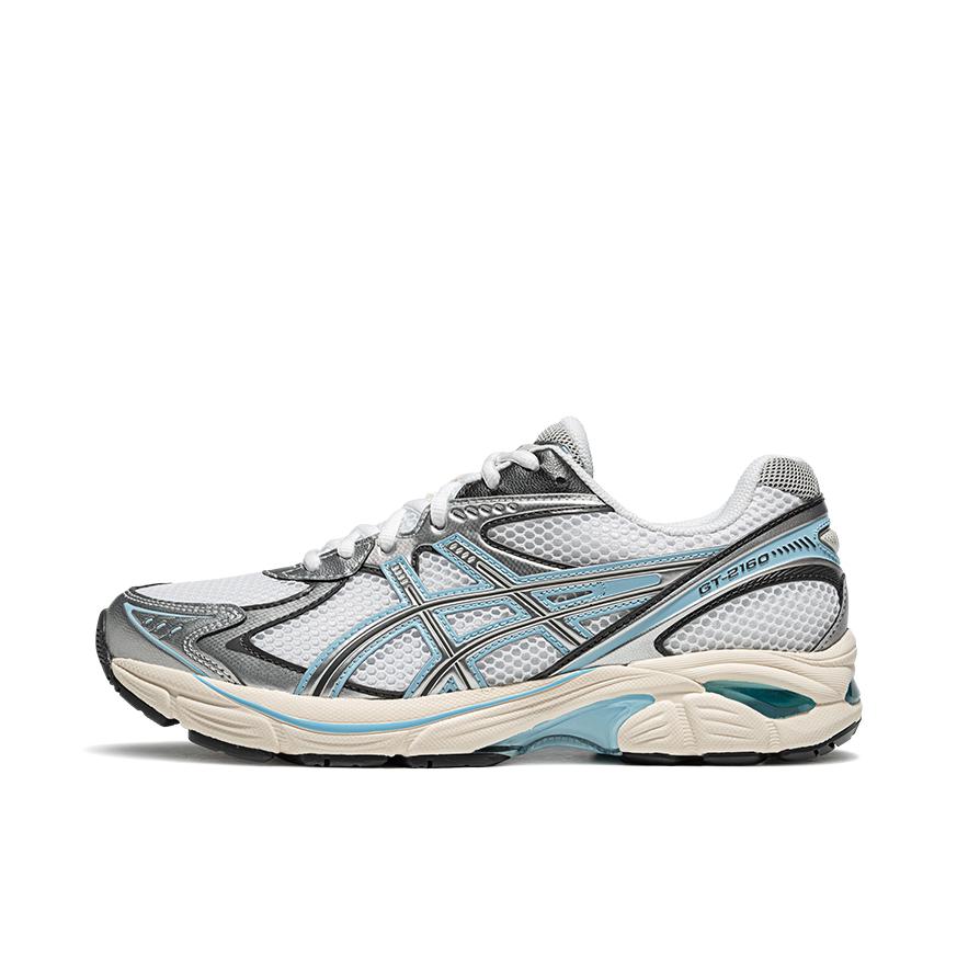 推荐商品：Asics/亚瑟士 GT-2160 跑鞋 拼接舒适缓震网面防滑耐磨复古简约百搭时尚合成革织物耐用短跑圆头支撑 银色/蓝色