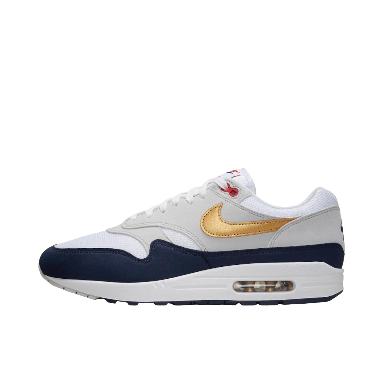 推荐商品：Nike Air Max 1 跑鞋 气垫缓震透气轻便复古运动舒适百搭潮流耐磨低帮训练防滑冬季支撑马拉松防水抓地圆头耐穿 Olympic/灰色/黑色