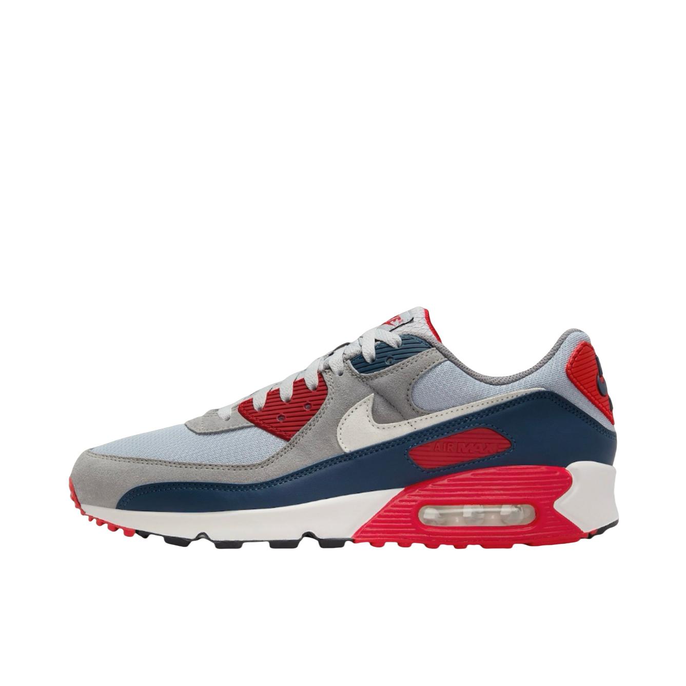 推荐商品：Nike Air Max 90 跑鞋 气垫合成革缓震透气复古增高圆头贴合拼接 USA/灰色/红色