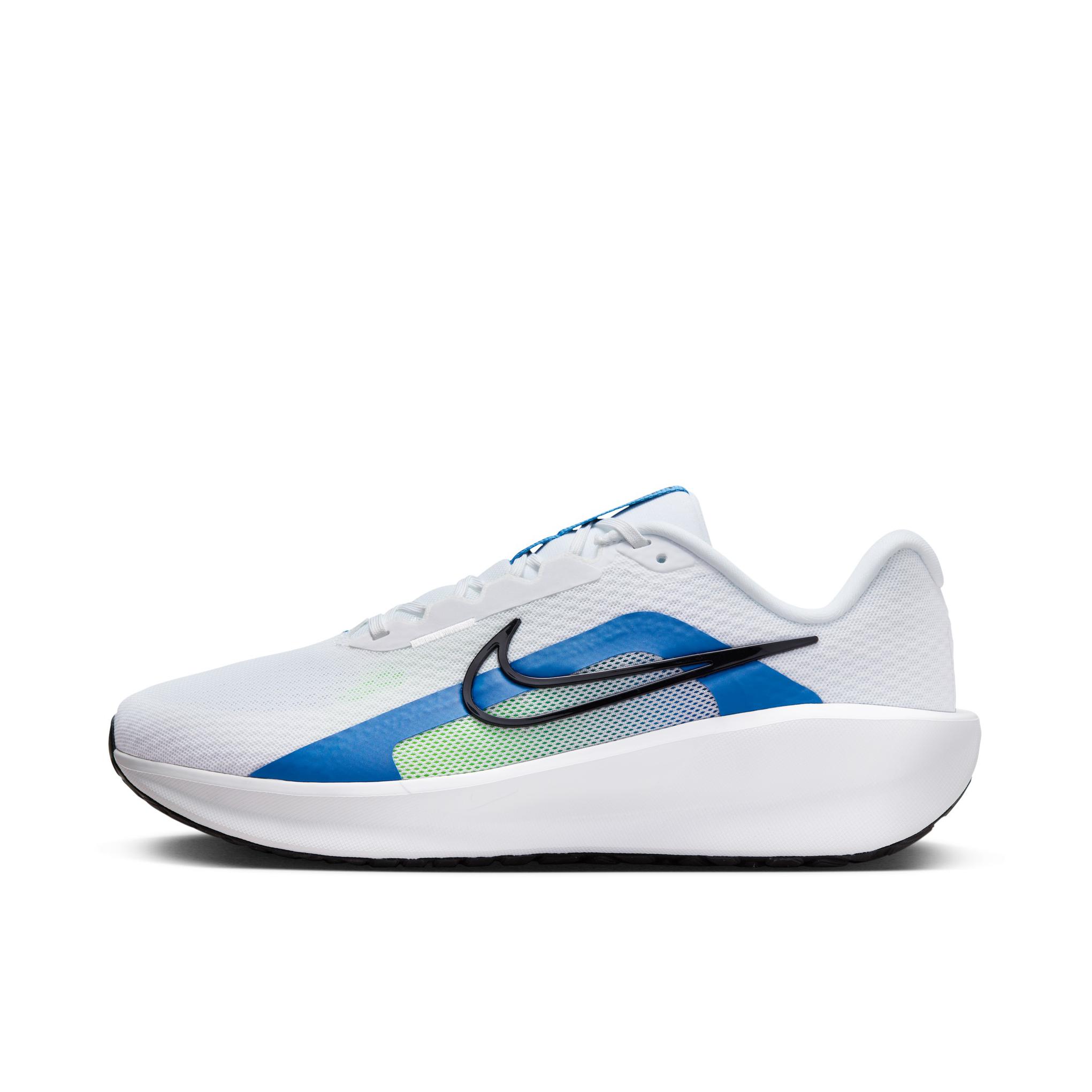 推荐商品：Nike Downshifter 13 跑鞋 减震透气支撑织物短跑轻便训练 男款/宽版/白色/蓝色