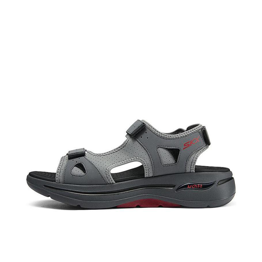 推荐商品：Skechers/斯凯奇 缓震耐磨 舒适防滑 厚底 露指 魔术贴 沙滩 凉鞋 229064 炭灰色/红色 