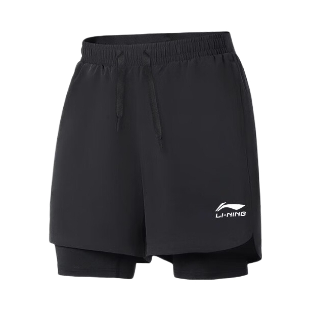 推荐商品：李宁  假两件防尴尬双层五分裤美式冰丝防走光内衬速干泳裤 LSKV335 普通假两件/黑