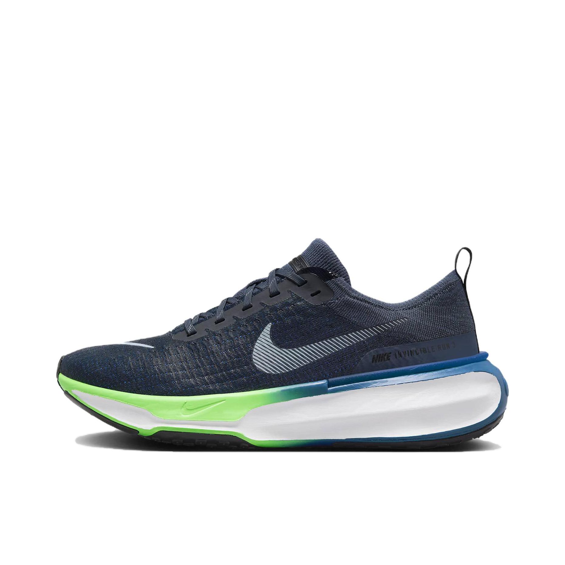 推荐商品：Nike Invincible 3 跑鞋 透气缓震织物运动支撑训练轻便平跟 蓝色/绿色