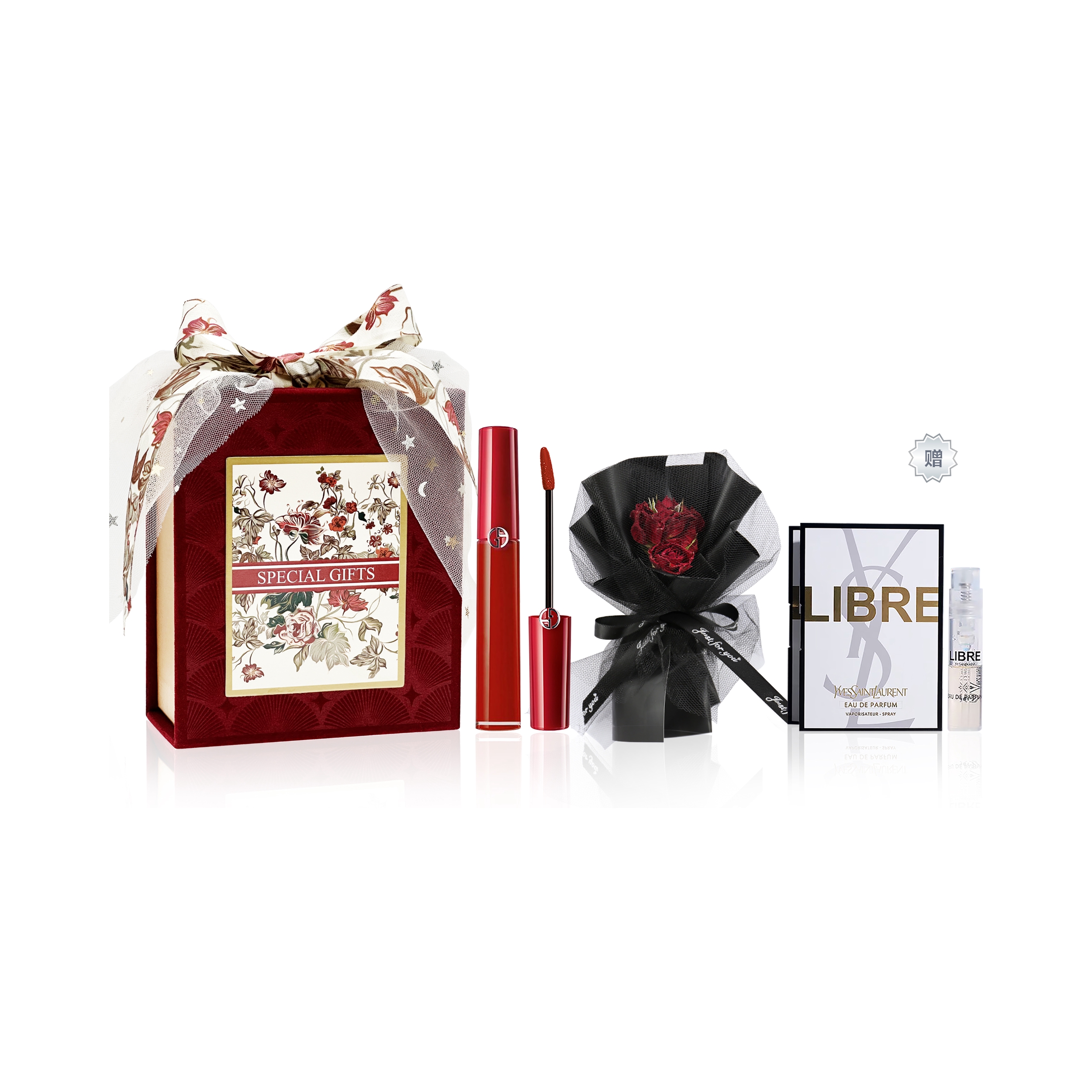 ARMANI/阿玛尼 显白轻奢唇釉礼盒 哑光丝绒 415百搭山楂红6.5ml+自由之水1.2ml+红丝绒花束礼盒
