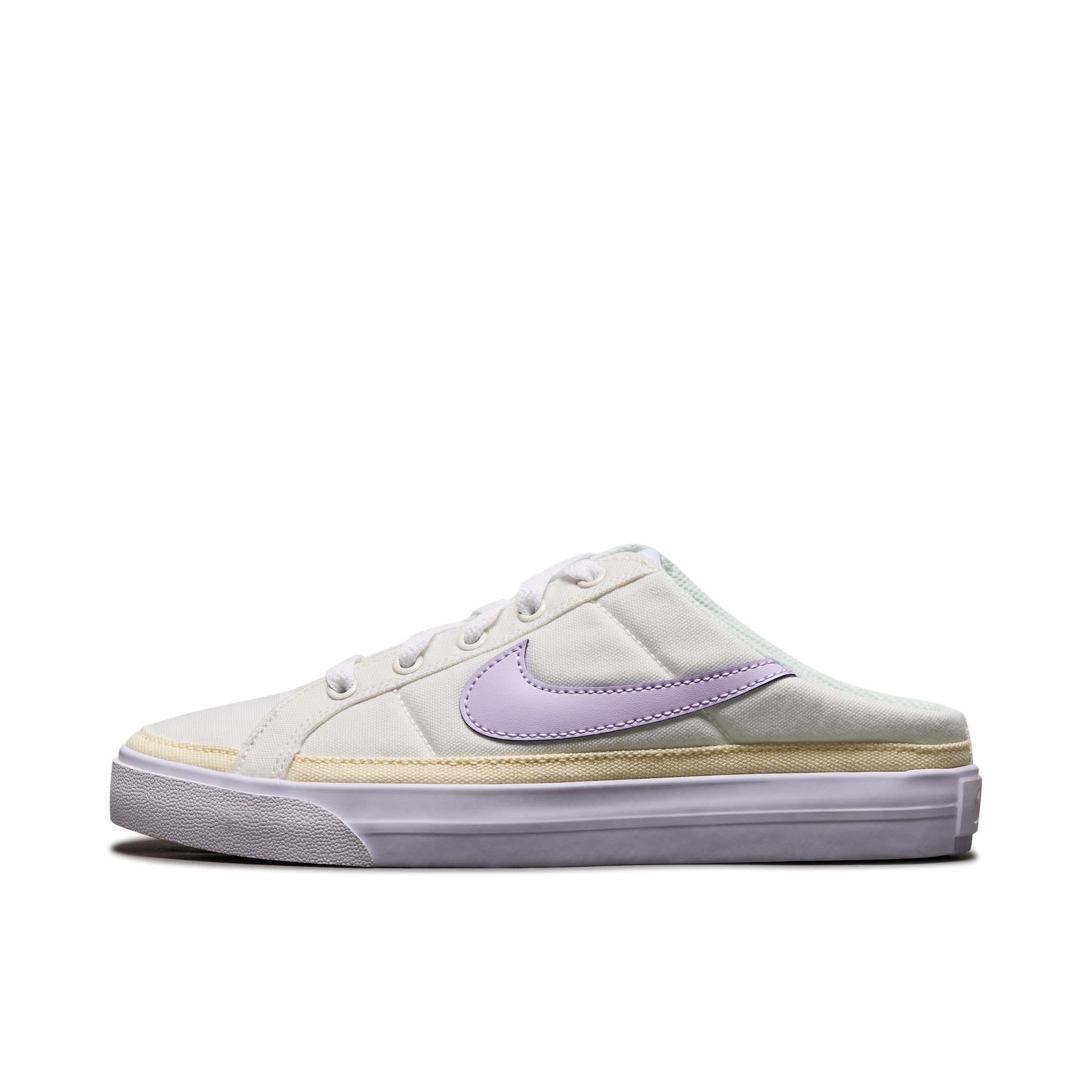 推荐商品：Nike Court Legacy 板鞋 复古舒适透气防滑耐磨休闲运动一脚蹬 帆白/薄雾紫/白/日晷黄/微绿色