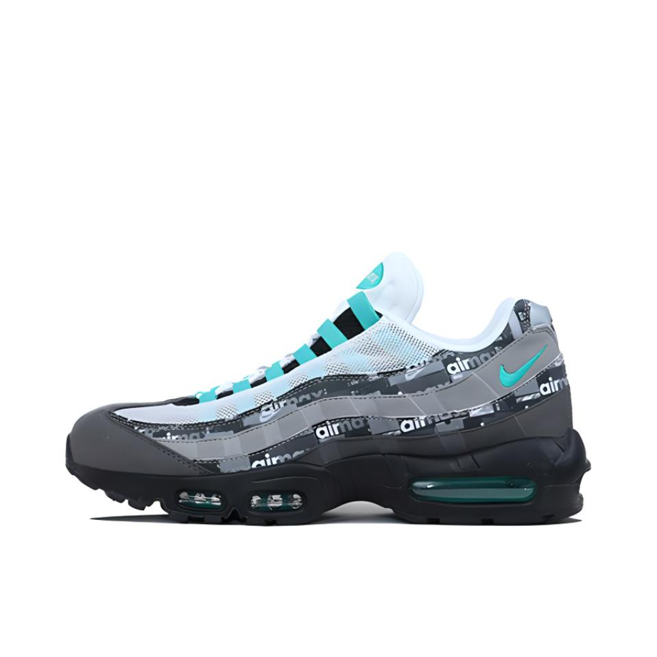 推荐商品：Nike Air Max 95 跑鞋 潮流时尚复古百搭防滑耐磨舒适透气防水气垫织物支撑低帮缓震贴合耐用圆头 We Love Nike (Clear Jade) Atmos联名/灰蓝