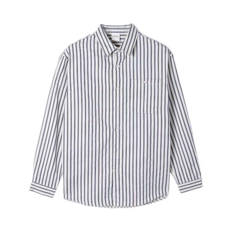 推荐商品：GOKIGA/宫崎迦 日系复古竖细条纹翻领长袖衬衫6179 蓝条纹