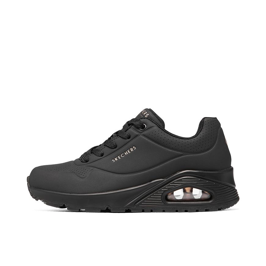推荐商品：Skechers/斯凯奇 Uno 减震回弹 防滑耐磨 轻便透气 舒适增高 复古百搭 缓震 支撑 防水 慢跑 跑鞋 女款/全黑色