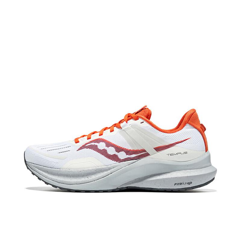 推荐商品：Saucony/索康尼  Tempus 1 坦途  防滑耐磨 缓震回弹 透气 稳定支撑 织物  跑鞋  白色/桔色/红色 