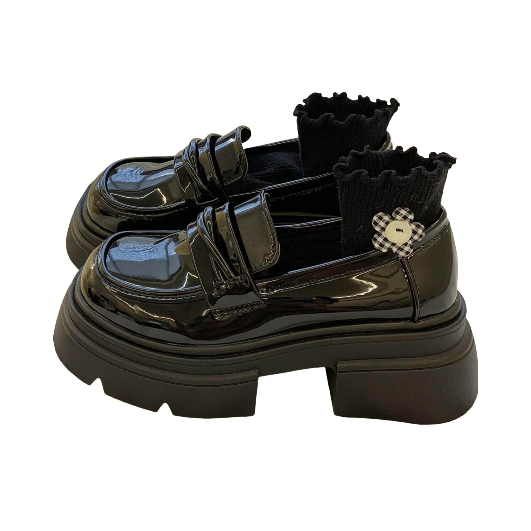 推荐商品：法式 厚底 粗跟 英伦风 制服鞋 单鞋 亮光款/黑色