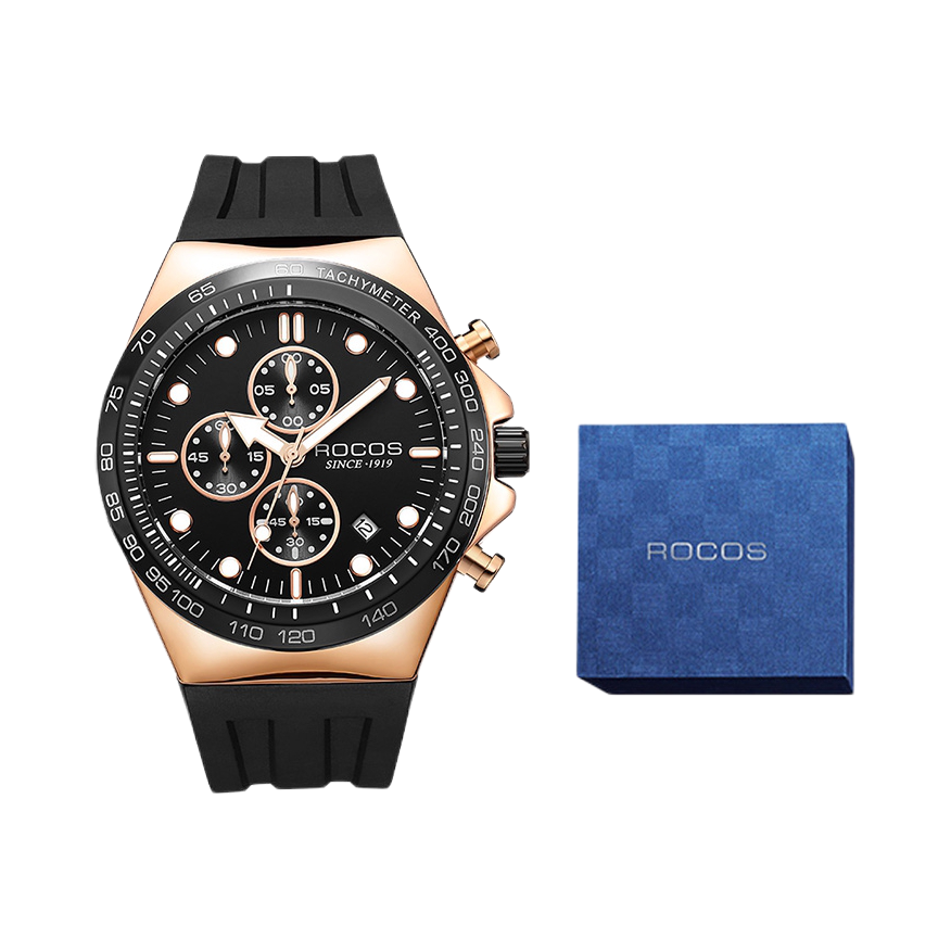推荐商品：rocos/雷克斯 44mm多功能三眼计时时尚夜光日历防水硅胶表带石英男士手表