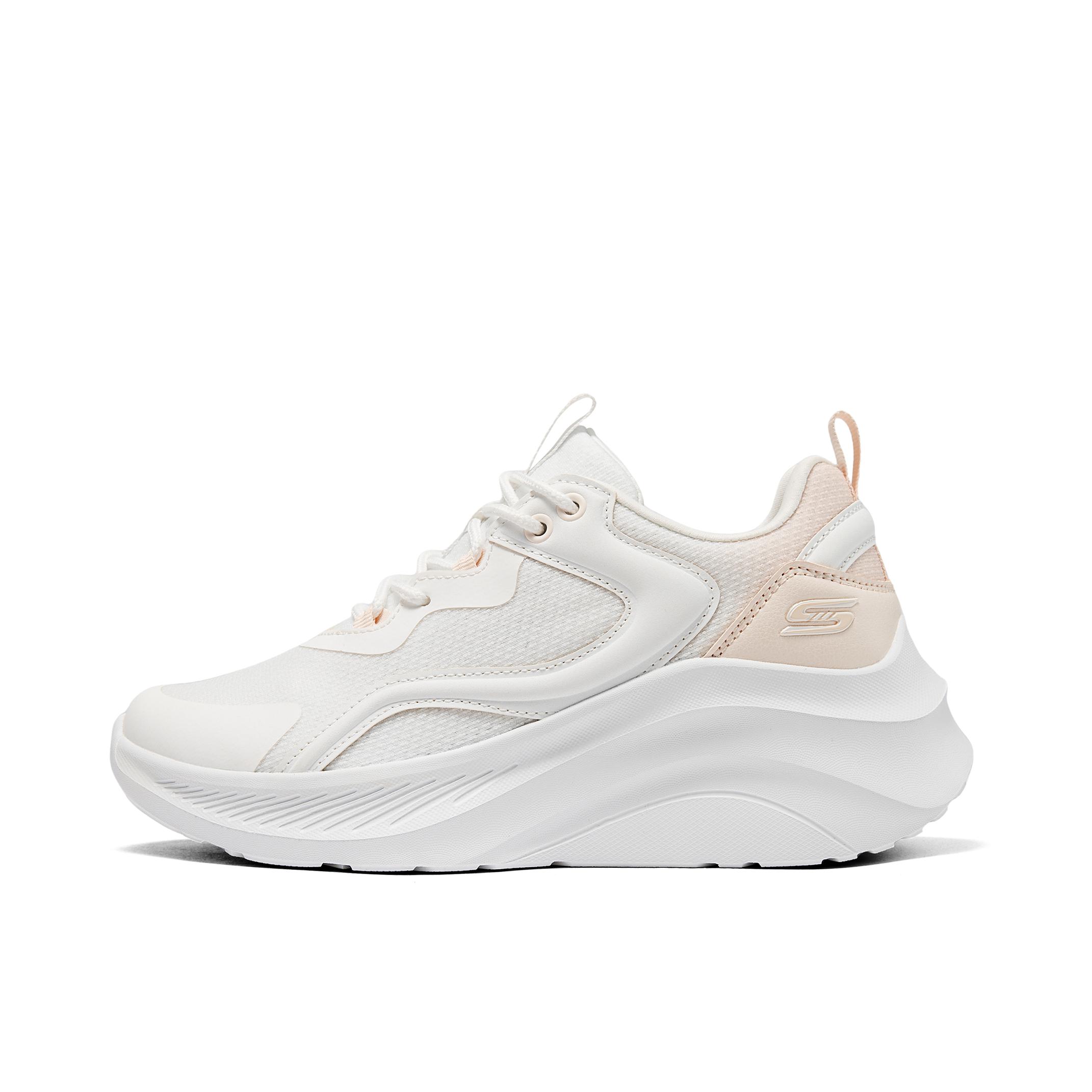 推荐商品：Skechers/斯凯奇  Squad Chaos  月光华尔兹 休闲运动鞋 糕糕鞋 老爹鞋  织物绑带增高回弹  女款/白色/粉色