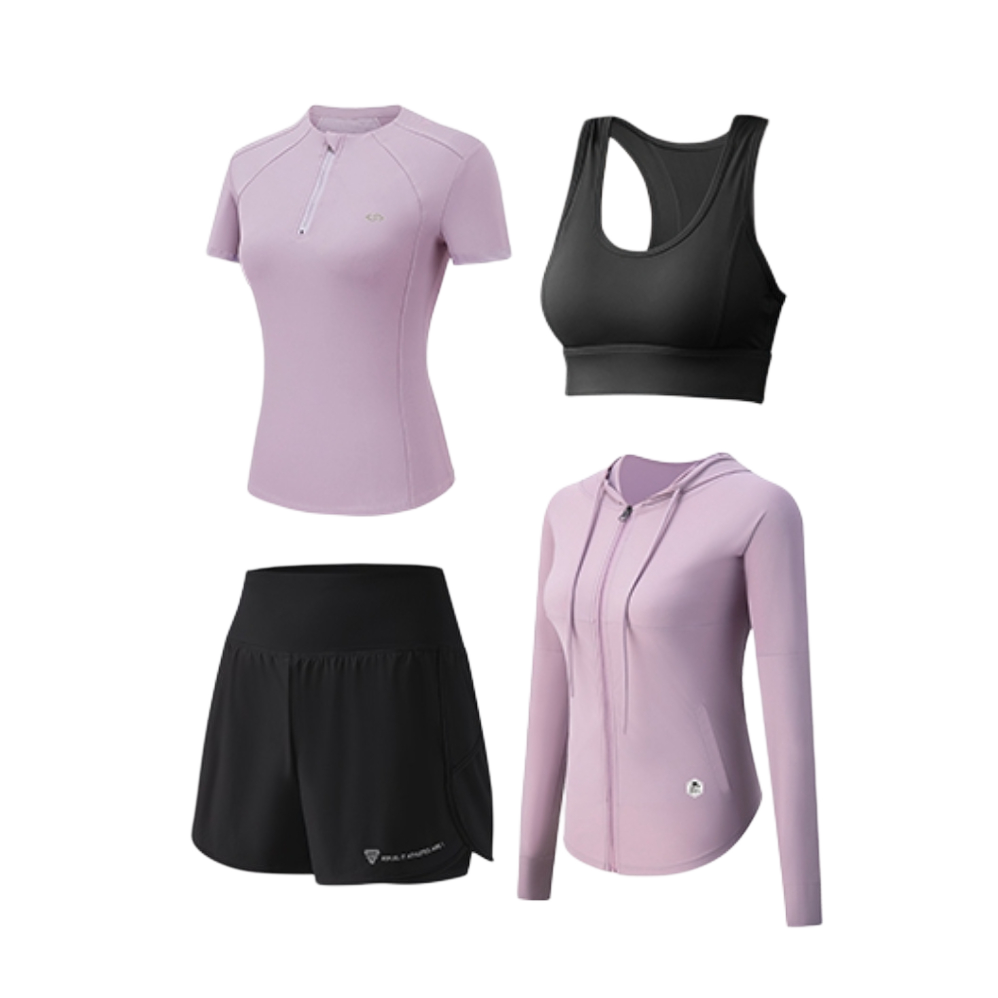 推荐商品：百思绒  速干修身短袖运动套装 女装 20031432 紫黑四件套