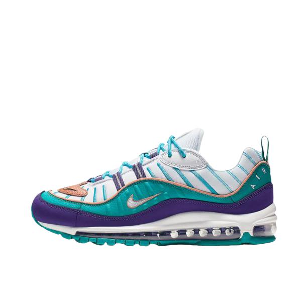 推荐商品：Nike Air Max 98 跑鞋 潮流复古全掌缓震回弹防滑耐磨轻便透气时尚拼接圆头气垫 Court Purple/Terra Blush-Spirit Teal 蓝紫白