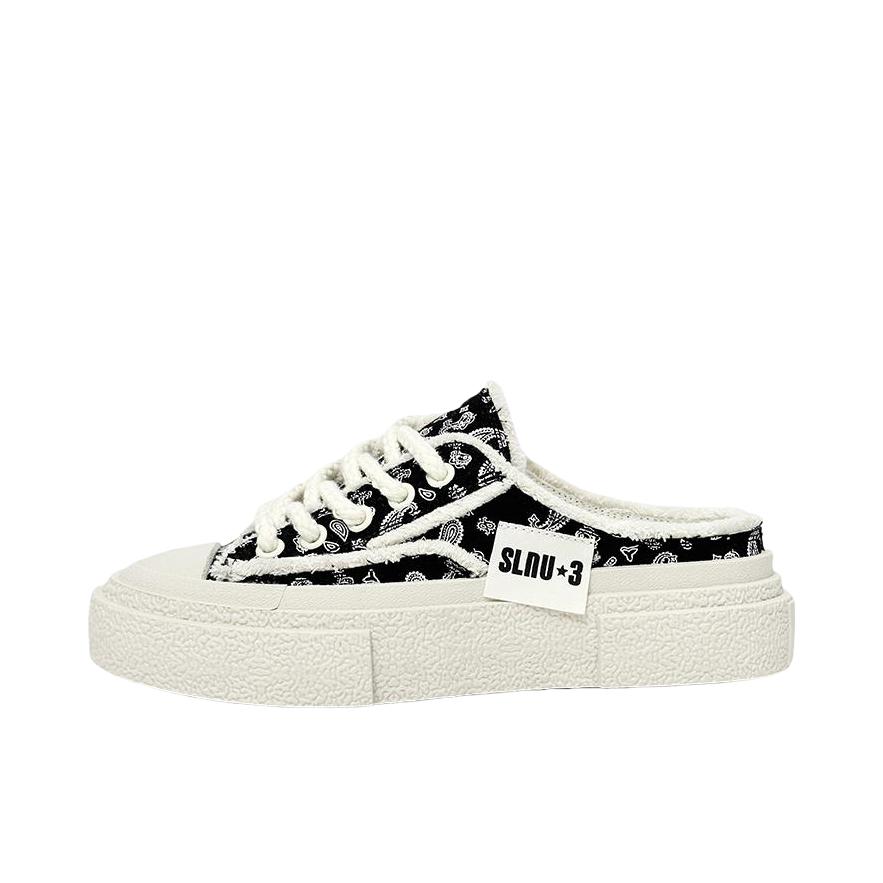 推荐商品：SLnU★3 一脚蹬 包头 学院风 增高 帆布鞋 KJ725 腰果花/黑色/白色