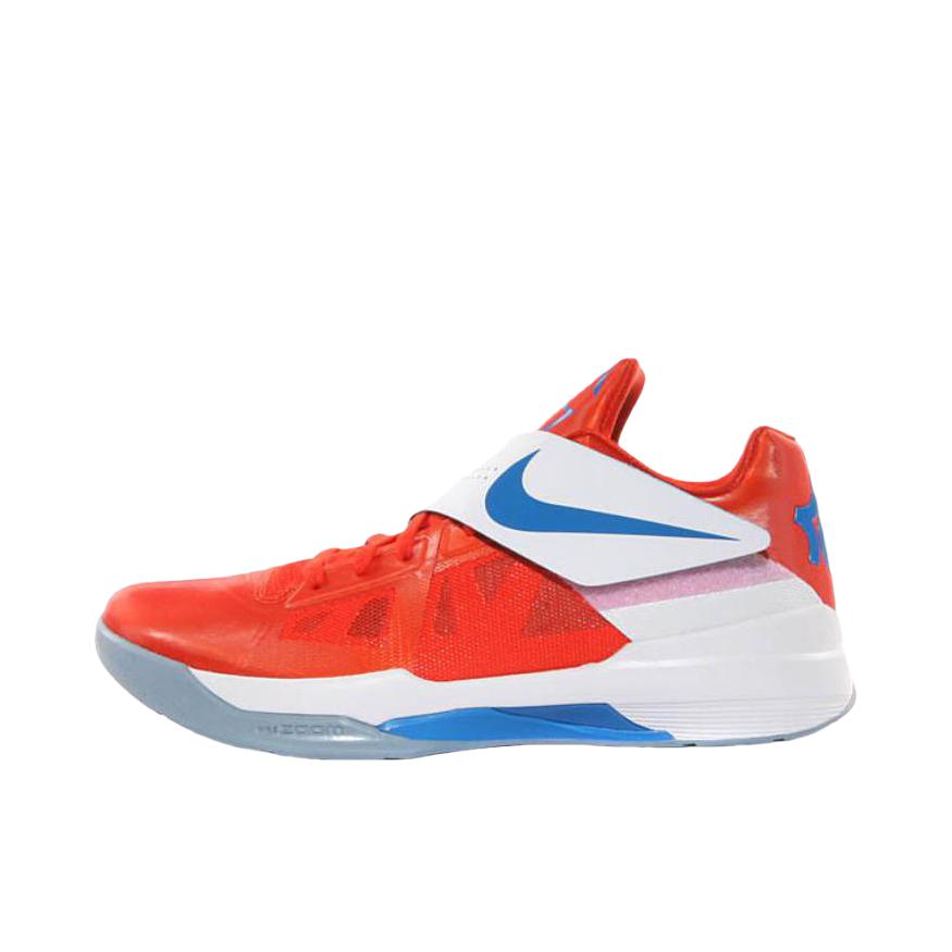 推荐商品：Nike Zoom KD 4 杜兰特 篮球鞋 防滑耐磨圆头缓震回弹织物舒适潮流时尚实战低帮抓地 橙色/蓝色/白色  