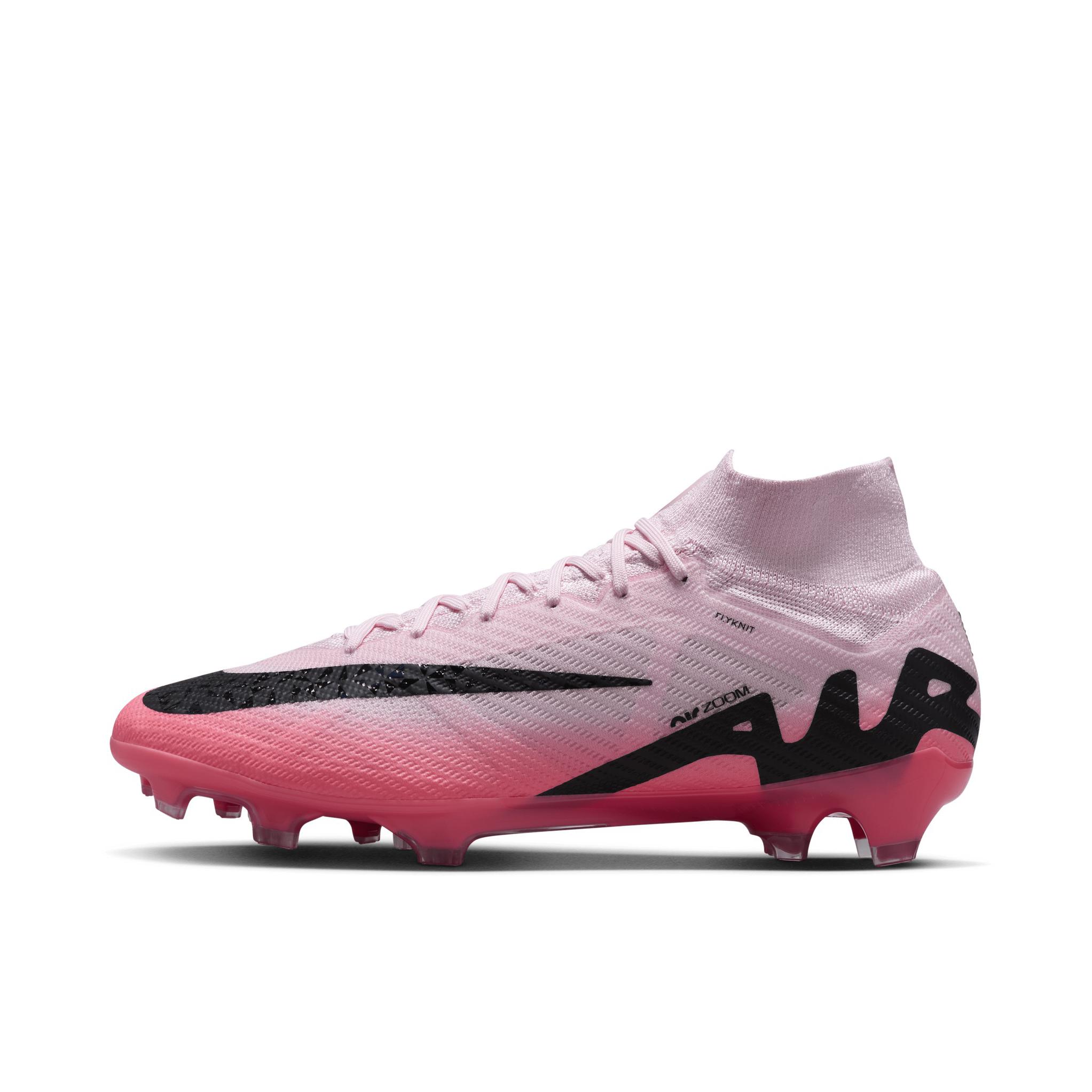 推荐商品：Nike Zoom Mercurial Superfly 9 Elite FG 顶级 胶质长钉 天然草地 圆头飞织防滑轻便 足球鞋 红色/粉色/黑色