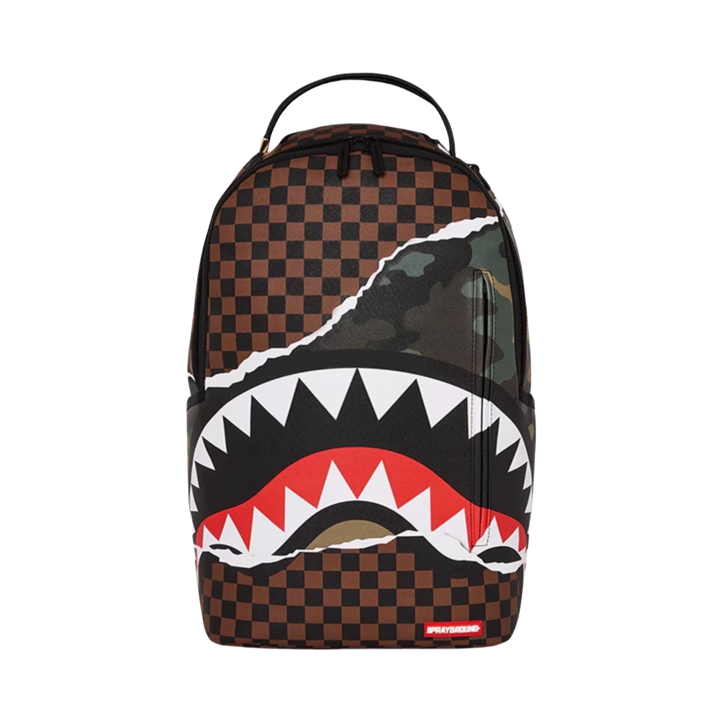 sprayground 撕裂棋盘格鲨鱼嘴双肩包 棕色
