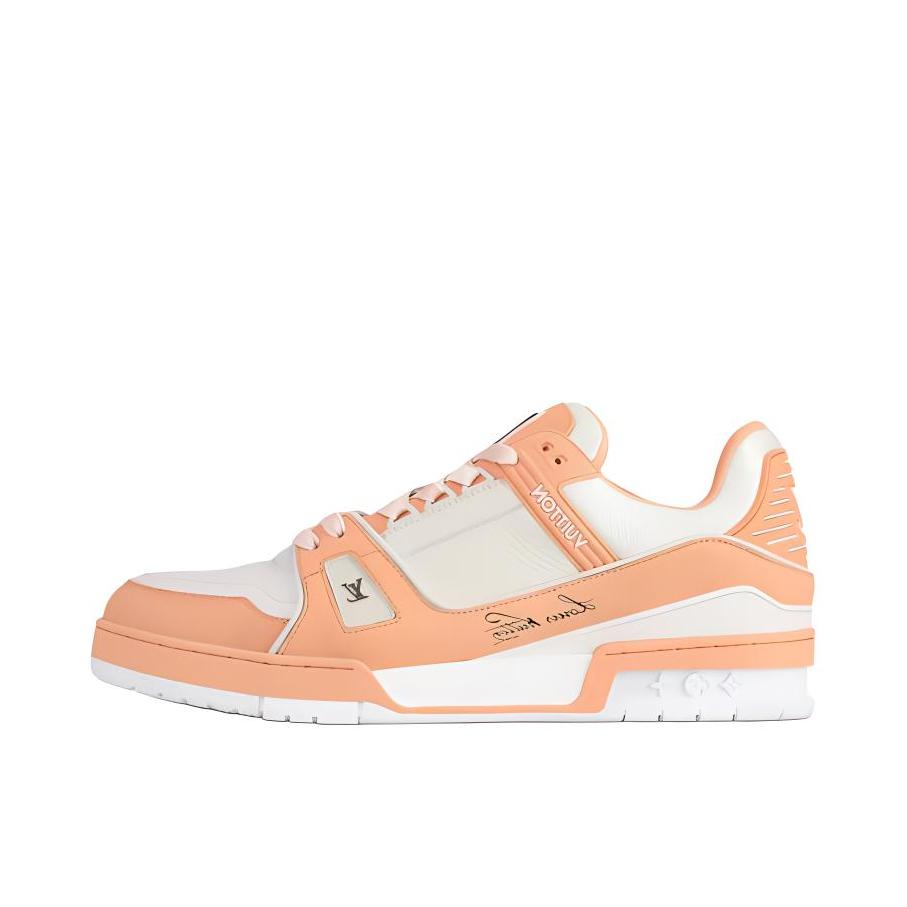 推荐商品：Louis Vuitton Trainer系列 网眼 舒适防滑 时尚潮流 圆头拼接 牛皮革 压纹 板鞋 男款/橙色